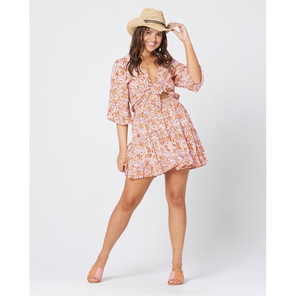 L*Space Stay Golden Dress XL Floral Tie Front Cutout Long Sleeve Mini Dress